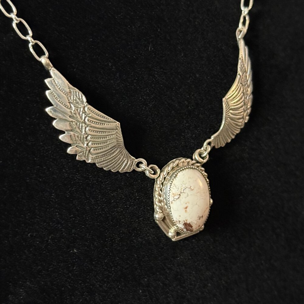 White Buffalo Turquoise and Sterling Silver Pendant Necklace by Running Bear - Picture 2 of 7